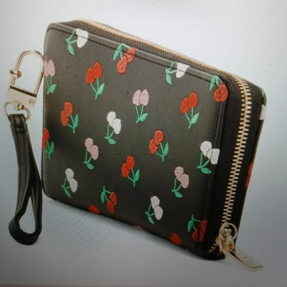 Betsey Johnson Black Cherry Embroidered Wristlet Wallet